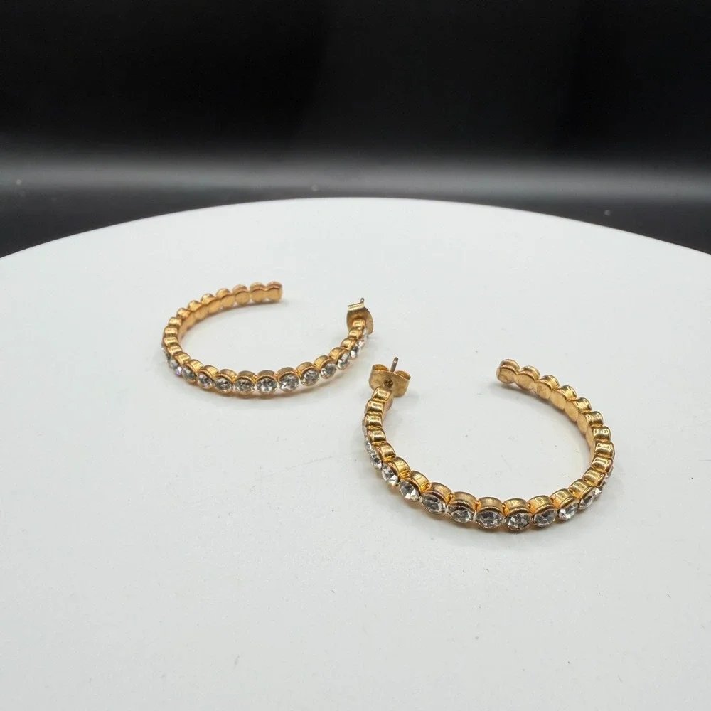 Gold Tone Rhinestone Hoop Earrings Clear Crystal Statement Glamour Gift for Her